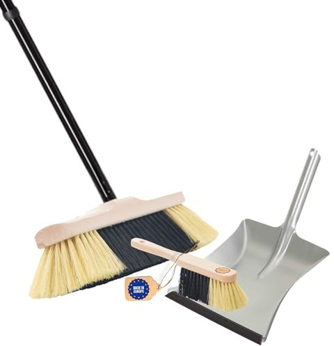 Novaliv Zimmerbesen mit Stiel stabil FEINE KUNSTBORSTEN Besen weiche Borsten Schrankbesen 4 TLG Steckstiel mit Kehrblechgarnitur Metall Verzinkt mit Gummilippe Kehrblechbesen Feger und Kehrblech