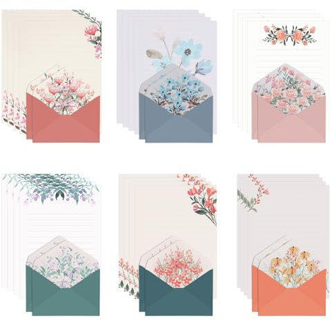 Molain 36 Stück Briefpapier und Briefumschlag, Vintage Blumen Briefpapier, Briefpapier Set 24 Briefpapier A5 Liniert und 12 Briefumschläge frisches Blumen-Stil für Einladungen Geschenke Urlaubswünsche