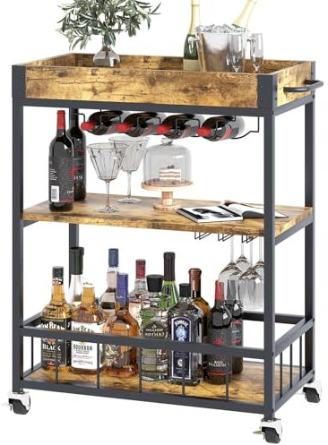 Bar Cart, 3 Tier Serving Trolley, Rolling Wine Trolley, Serving Cart with Wine Rack and Handle, Kitchen Storage Carts With Wheels, Tea Drink Trolley for Dining Living Room Bedroom Outdoor, Brown