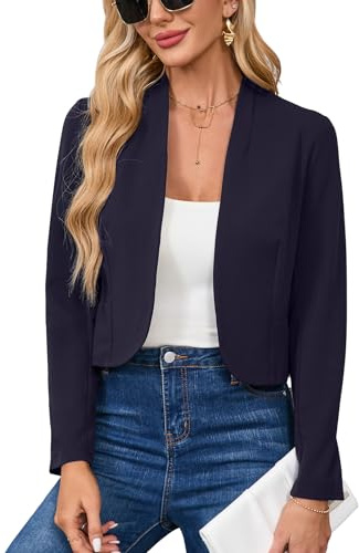 Hobrounn Blazer à manches longues pour femme, blazer ouvert élégant et décontracté, blazer court décontracté, veste de travail, bleu marine, XL