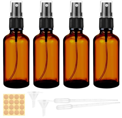 Maxmoc Flacone spray in vetro marrone, flacone spray, piccolo vetro, ricaricabile, nebulizzatore, con imbuto, contagocce ed etichette per acqua, alcool, cosmetici, profumo, aromaterapia (50 ml, 4