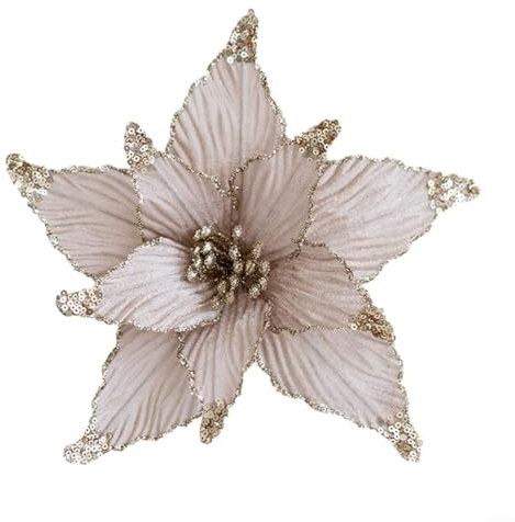 EpheyFIF Fleurs de poinsettia artificielles de Noël, 25 cm, poinsettia artificielles à paillettes, décoration de sapin de Noël à suspendre (champagne)