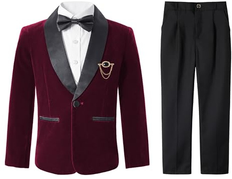 LOLANTA Kids Wine Red Shawl Lapel Velvet Suit, Wedding Christmas Party Suit for Boys with Velvet Jacket, Trousers, Shirt and Bow Tie(Wine Red Shawl Lapel 10-11 Years, 150)