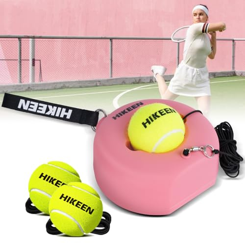 Hikeen Premium Tennis Trainer Rebound with Metal Base,Portable Solo Tennis Trainer Set with 3 Highly Elastic String Balls,Tennis Practice Equipment for Adult Kids and Beginners - Pink