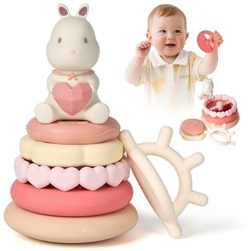Moonkie Lapin Tour Empilable Bebe, Jeux Eveil Silicone, Anneau Dentition Bebe, Jouet Montessori Eveil, Anneaux Empilables Bébés, Cadeau pour Filles 6 Mois+, Ensemble de 7 Pièces