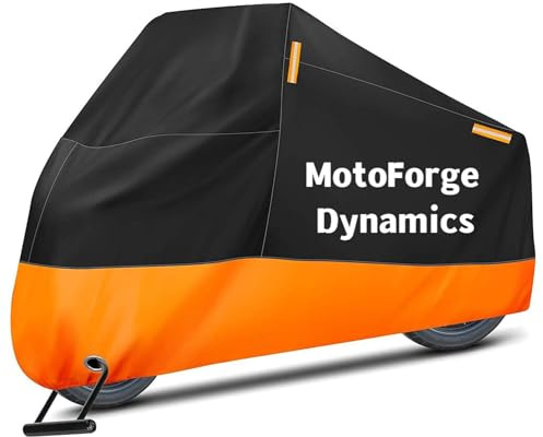 MotoForge Dynamics Waterproof Motorbike Cover – 210D Oxford Fabric with UV Protection, Lock Holes, Windproof Straps, Reflective Strips, Storage Bag – Fits L/XL/XXL/XXXL (XXL 274 × 112 × 130)