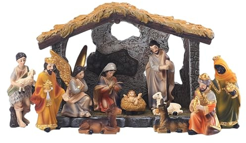 Belén de Navidad – Figuras de pesebre de resina, juego de estatuas navideñas | Colección de de 12 piezas de decoración festiva para el hogar, mesa, arreglo de escenario de Navidad de temporada