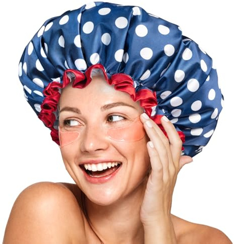 mikimini Cuffia doccia riutilizzabile e impermeabile da donna – Cuffia doccia grande per capelli lunghi con fascia elastica, cuffia doppio strato con classico motivo a pois per capelli spessi e trecce