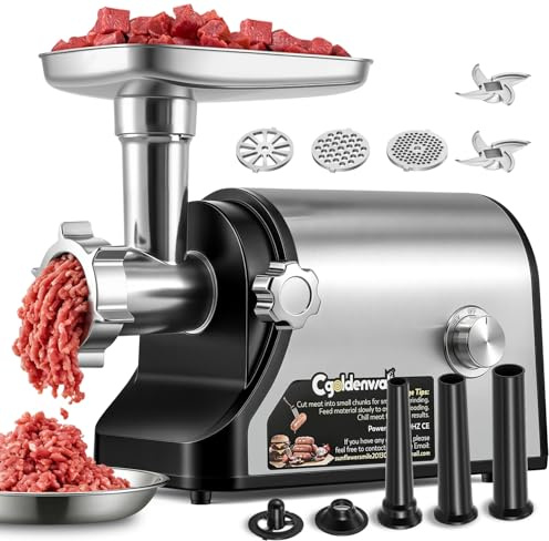 CGOLDENWALL Electric Meat Grinder & Sausage Stuffer, 480lbs/H Heavy Duty Meat Mincer with Speed Settings, 2 Stainless Steel Blades, 3 Grinding Plates, #10 Ideal for Deer Processing, Pet Food Grinding