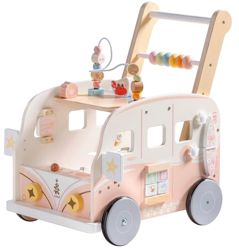 ROBUD Baby Lauflernhilfe Holz, Interaktiver Lauflernwagen, Einstellbare Geschwindigkeit & Höhe Baby Walker, Motorikspielzeug Geschenk für Kleinkinder ab 10 Monaten-1-2 Jahren, Rosa