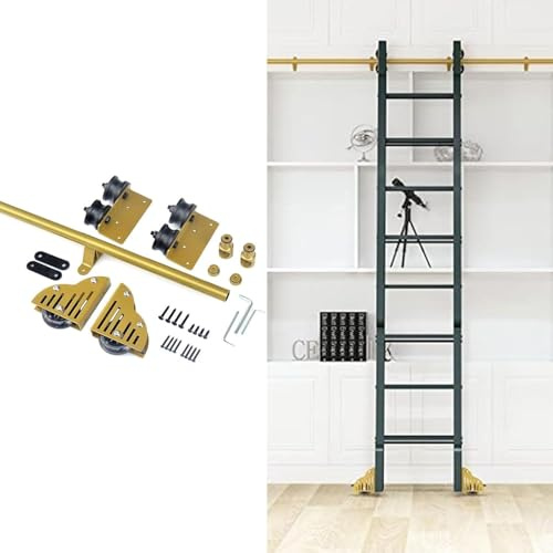 Hårdvarusats för rullande biblioteksstege – komplett 5 m glidspårsystem med golvrullar och bromsar – perfekt för användning inomhus inomhus och loft (ingen stege ingår)