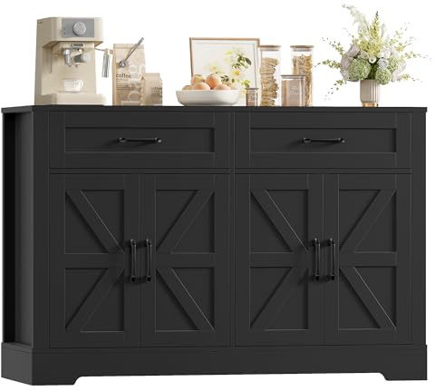 HOCSOK Sideboard Storage Cabinet, Kitchen Cabinet with 2 Drawers, 4 Doors | Kitchen Storage Cabinet, Modern Sideboard for Living Room, Dining Room, Wooden Buffet Cabinet, Black, 87H x 120W x 40D cm