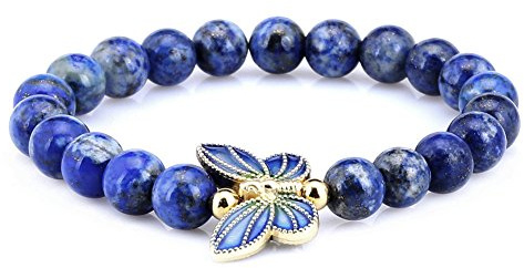 Gem Stone King 8mm Simulated-Lapis Lazuli 18K Yellow Gold Plated Silver Cloisonne Enamel Butterfly Bracelet For Women