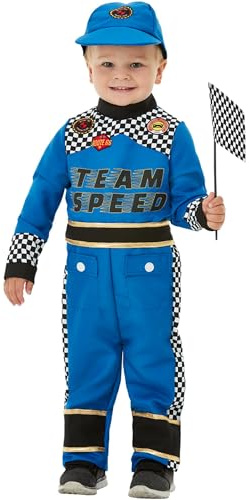 SMIFFYS Costume da pilota da corsa per bambini, Blu, con tuta, cappello e bandiera