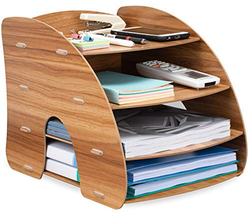 Tonsmile Wooden Office Desk Tidy Stationery A4 File Document Tray Rack Sorter Holder Organiser