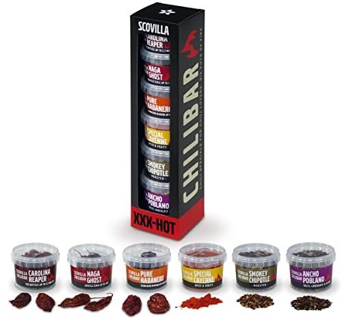 Scovilla Chilibar XXX-HOT, Six Pots of Fire, upp till 2 miljoner Scoville, urval av 6 handplockade chilisorter, presentset, extremt vass, för BBQ, hobbykockar, skarpälskare