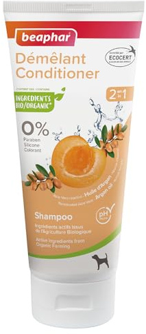 BEAPHAR – Shampoing Démêlant 2 en 1 labellisé ECOCERT pour chien – Contient de l'Aloe Vera, de l'huile d'Argan et de l'abricot Bio – pH neutre – Sans parabène/silicone/colorant et sans alcool – 200 ML