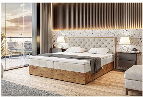 MEBLINI Boxspringbett mit Bettkasten - Gepolstert Doppelbett mit Matratze und Topper - Polsterbett mit Stauraum - Bett mit Kopfteil - Stauraumbett - Lofty 3-180x200 - H4/Creme Samt