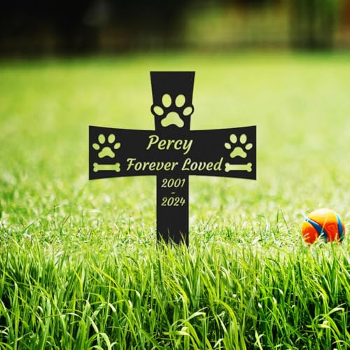 Goodqueen Custom Dog Memorial Garden Stake, Personalized Dog Memorial Grave Marker Cross, Metal Dog Paws Memorial Remembrance Plaque Stake for Cemetery, Pet Dog Sympathy Grave Stake