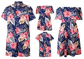 Yming Mutter und Tochter Passende Kleider Kalte Schulter Floral Gedruckt Schöne Röcke für Sommer Strand Outfits Blau L