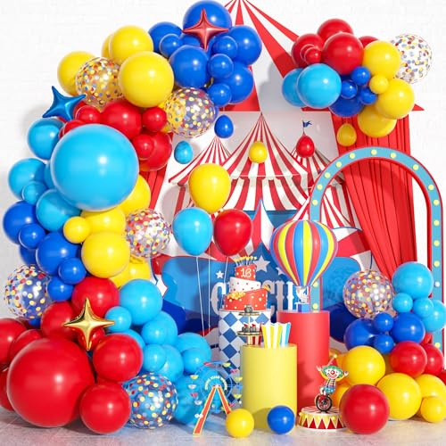 Carnival Circus Balloon Garland Arch Kit, Matte Red Yellow Pastel Blue Primary Color Confetti Rainbow Multicolor Balloon Arch Kit with Star Foil Balloons for Kids Birthday Carnival Party Decorations