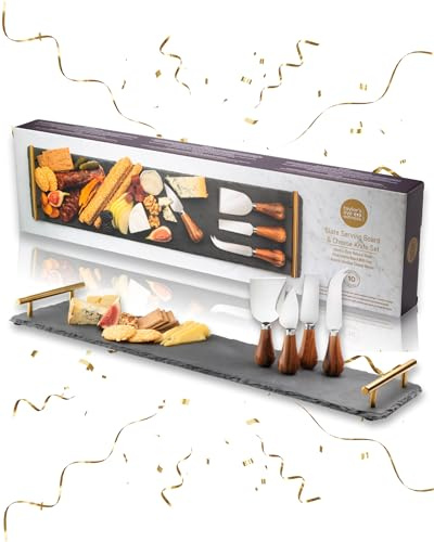 4 Piece Acacia Cheese Knife Set & Slate Board - Stylish Cheese Knives Gift Set With Long Slate Board. Acacia Wood Knife Handles & Classic Polished Stainless Steel Blades. 10 Year Guarantee.