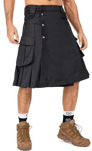 VATINNT Men's Pleated Utility Kilt Scottish Tactical Kilt 0911 Black 36
