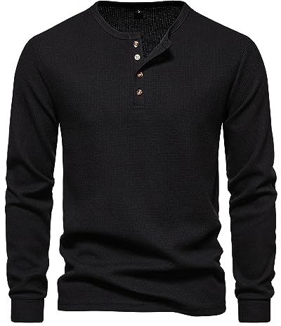 MakingDa Waffle Henley T Shirt Mens Long Sleeve Slim Fit Grandad Collar Button T Shirts Tops
