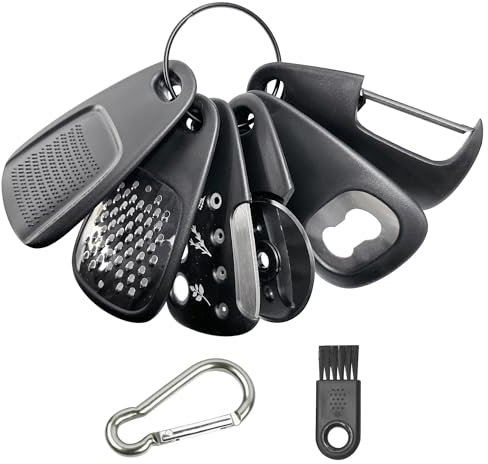 6 Portable Kitchen Tools, 1 Carabiner, Fruit and Vegetable Peeler, Cheese Slicer, Bottle Opener, Garlic Sicer, Ginger Grinder, Gerb Stripper, Pizza Cutter, Kitchen Tools, Cooking and Baking.