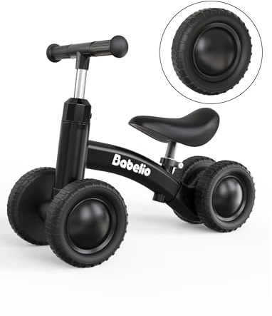 BABELIO Baby Balance Bike for 1 Year Old Boys Girls, 10-36 Month Toddler Balance Bike, 4-Wheel Off-Roader Design, Adjustable Seat & Handlebar - Black