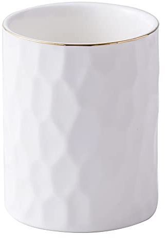 Joyramic Kitchen Utensil Holder, Large Ceramic Cooking Utensil Holder with Gold Line Modern Utensil Crocks (W5” x H6.15”) for Kitchen Counter-Farmhouse (White-15.6cm)