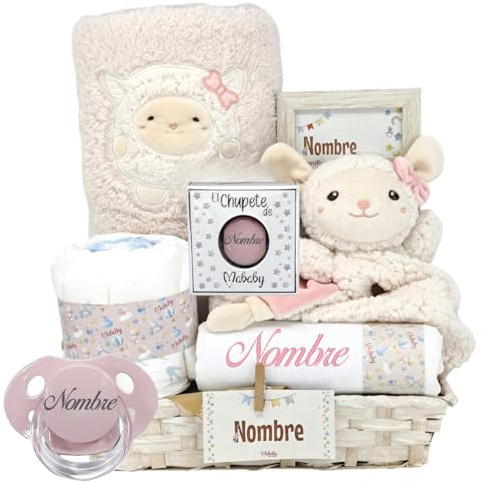 Mababyshop Cesta Bebé My Sheep - Set de Regalo Personalizado: Dou Dou Ovejita, Manta Suave, Muselina de Algodón Personalizada, Chupete con Nombre, Pastel de Pañales Ecológicos Talla 2 (Rosa)