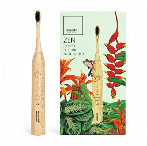 Sustainable Tomorrow Zen Bamboo Sonic Electric Toothbrush, Durable Wood-Grain ABS Handle, Rechargeable w/Plant-Based Soft Bristles, Bamboo Heads, 5 Modes & 30-Day Battery