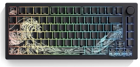 dagaladoo Black keycaps Double Shot PBT keycaps Shine Through Wave of Kanagawa Side Printed Key caps Cherry Profile Custom Key Cap Set for 100%, 75%, 65%, 60% US Layout Mechanical Keyboard