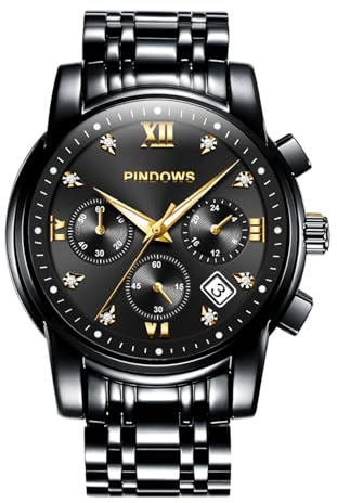 PINDOWS Men's Two-Tone Stainless Steel Quartz Watch, Day-Date, Luminous | Business dress styling with luminous hands, date window, crystal accented Roman markers and 30 m daily water resistance
