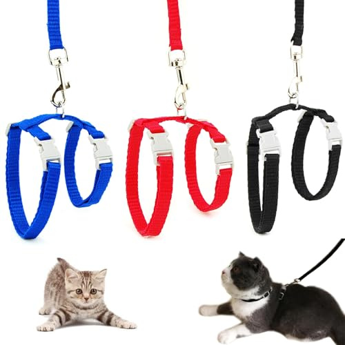 3 Pack Kitten Harness, Cat Harness and Lead Set, Adjustable Escape Proof Cat Leash for Outdoor Walking, Travel, and Vet Visits, Red, Blue, Black