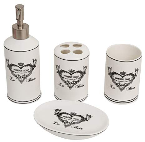 Biscottini Set Accessori Bagno 4 Pezzi in Ceramica | Stile Vintage Le Bain | Dispenser Sapone Liquido, Portaspazzolini, Bicchiere, Portasapone | Set bagno decorativo