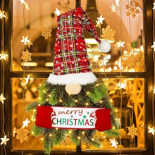 Kaleora Türkranz Weihnachten mit LED, 58cm Weihnachtsmann Weihnachtskranz, Wichtel Design mit Plaid Mütze, Weihnachtskranz Haustür LED für Haustür, Fenster, Kamin, Weihnachtsdekoration