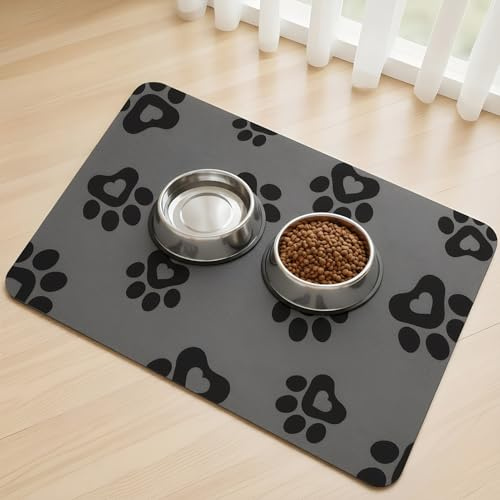 SARTNP Dog Food Mat Water Absorbent Cat Dog Mat for Food and Water Bowl, Non Slip Pet Feeding Mat No Stains Dog Feeding mat, Quick Dry (Dark Grey-Heart Paws, 30 x 50 cm)