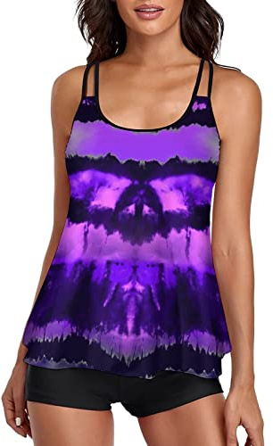 Conjunto de tankini para mujer, traje de baño de dos piezas, traje de baño para abdomen, traje de baño push up, simple y elegante, bañador deportivo acolchado, tankini con acolchado, sin aros, morado