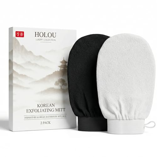 Holou Korean Exfoliating Mitt 2 Pack – Exfoliating Glove & Tan Remover | Dual-density kessa fake tan mitt & body exfoliator – dead skin remover for rough, bumpy skin and ingrown hairs, men & women