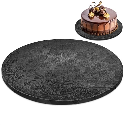 12 Inch Cake Drum, Black Cake Board for Picture-Ready Celebration Cakes, 1/2 Inch Thick Round Cardboard Base with Grease & Moisture Resistant Surface and Decorative Pattern for Parties and Weddings