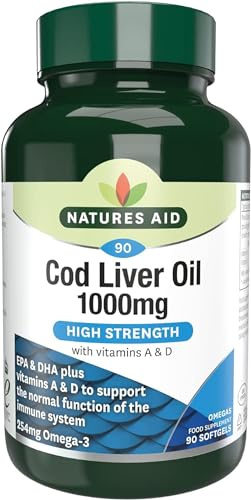 Natures Aid Cod Liver Oil 1000mg Softgels – High Strength Omega-3 Fish Oil with Vitamins A & D – Supports Immune System, Heart Health, Brain, Vision, Joints – Non-GMO – 90 Capsules