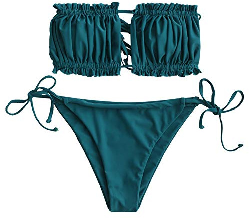 ZAFUL Damen Bikini Set, schulterfrei Bandeau mit Kordelzug & Rüschen High Cut Einfarbig Bademode (Pfauenblau, M)