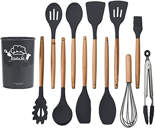 MYOTTPRO Silicone Kitchen Utensils Set, 12 Pcs Cooking Utensil Pack for Nonstick Cookware with Wooden Handles, Heat Resistant Silicone Coated Cooking Tools with Turner Tongs Spatula Slotted Spoon