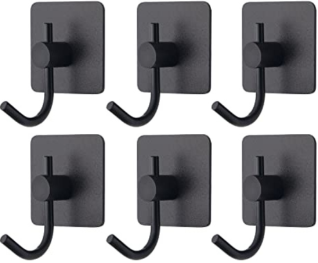 VAEHOLD 6 Pack Adhesive Wall Hooks, Heavy Duty Sticky Holder Aluminum Towel Hooks for Hanging Coat, Hat, Key, Clothes, Closet Hook Wall Mount for Kitchen, Bathroom, Office (Black)