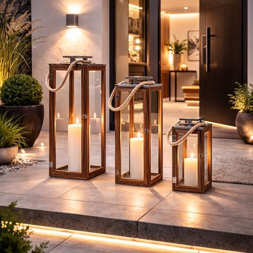 INDA-Exclusiv 3er XXL Laternen Set Gartenlaternen Stalllaternen Massivholz Windlicht ca.14x14x31 cm + 19x19x51cm + 70x24x24cm mit Edelstahldach