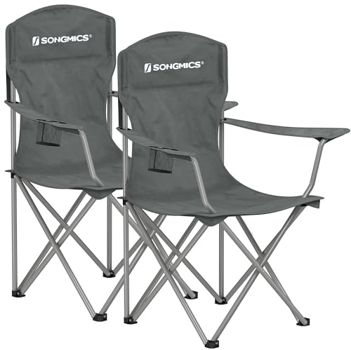 SONGMICS GCB008G01 - Juego de 2 sillas Plegables para Exteriores, Respaldo Alto, reposabrazos, Soporte para Bebidas, Plegable, soporta hasta 150 kg, para Camping, jardín, terraza, Color Gris Pizarra