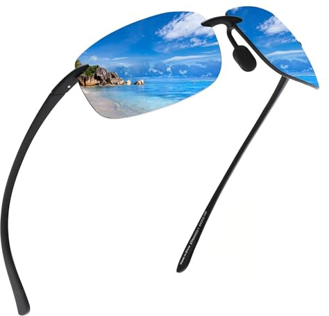 JIM HALO Lunettes de Soleil de Sport Polarisées pour Hommes Femmes TR90 Cadre Sans Monture pour la Course à Pied Pêche Cyclisme Conduite Miroir Bleu