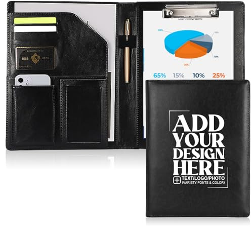 Personalised Portfolio Folder A4 Customised Leather Padfolio with Logo or Text Professional Business Conference Folder with A4/US Letter Writing Pad Holder for Resumes and Interviews, Black